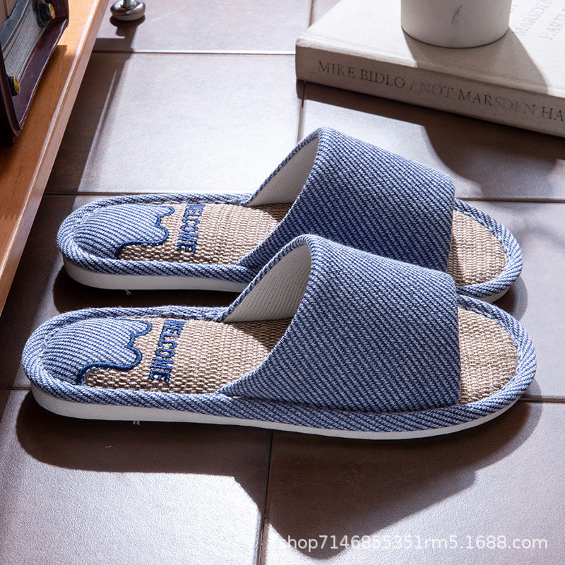 Linen Slippers Men's Breathable Indoor Home Non-slip Soft Bottom Mute Sweat Absorbing Spring and Autumn Four Seasons Foot Bear Floor Slippers