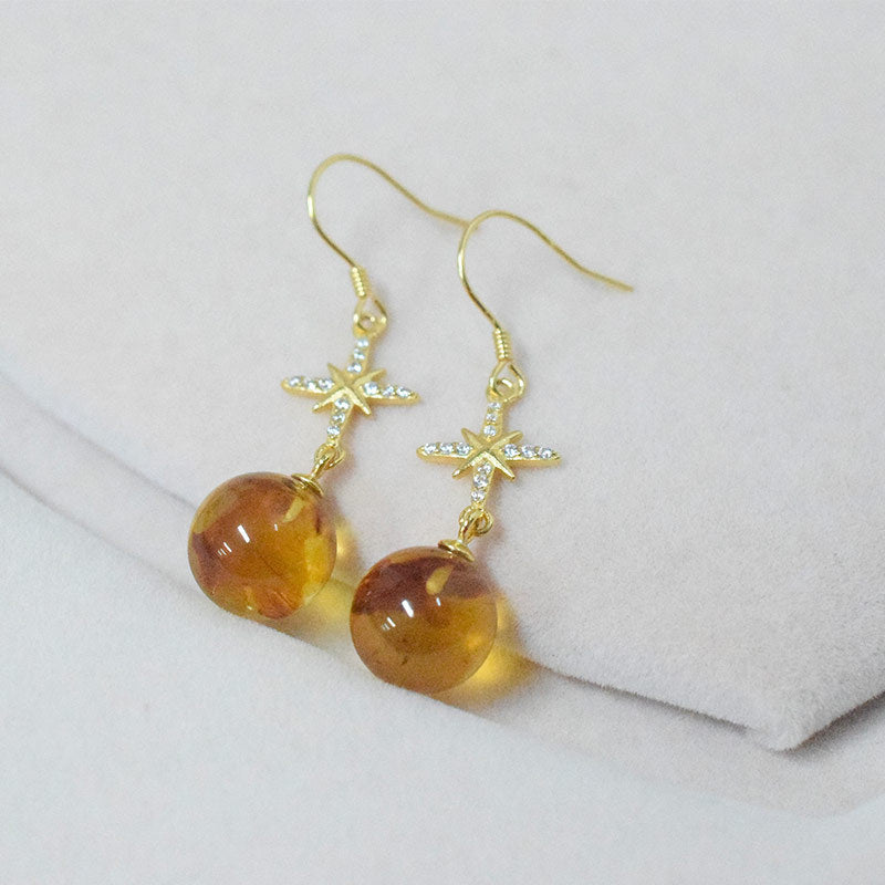 Amber Beeswax Earrings Light Luxury High-end Women's Earrings New Chinese Style National Style Ear Studs Popular Style Natural Real Jewelry