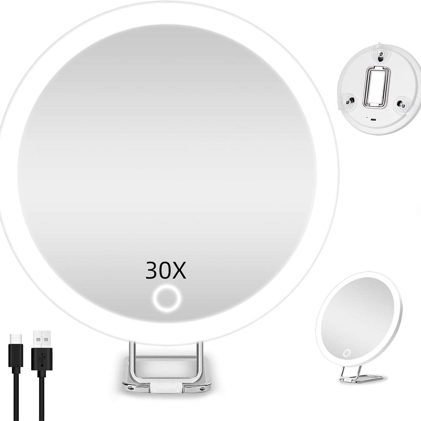 6 inches 10 times 20 times 30 times rechargeable led with light amplification suction cup punch-free easy to install makeup mirror