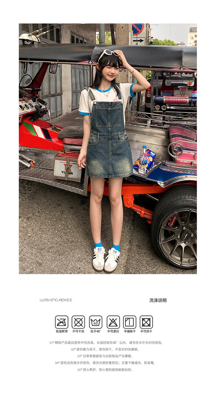 YC & American Retro Sweet Girl Strap Skirt A- line Skirt Slimming Joker dress Denim Skirt Spring and Summer