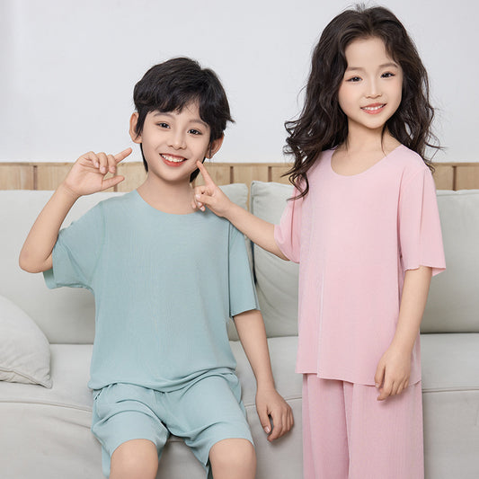 Summer New Style Boys' Short-Sleeved Loose Seamless Ice Silk Home Clothes Children's Two-Piece Set Girls' Pajamas Set Wholesale by PDG ibma