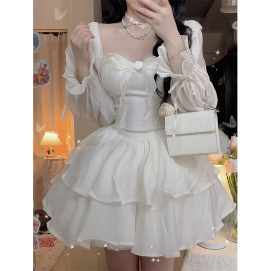 2026 Autumn Korean-Style Girl Group Dress with a Stylish Square Neckline, Waist-Cinching Design, Slimming Effect, Flared Sleeves, and Puffy Gown Dress by PDG ibma