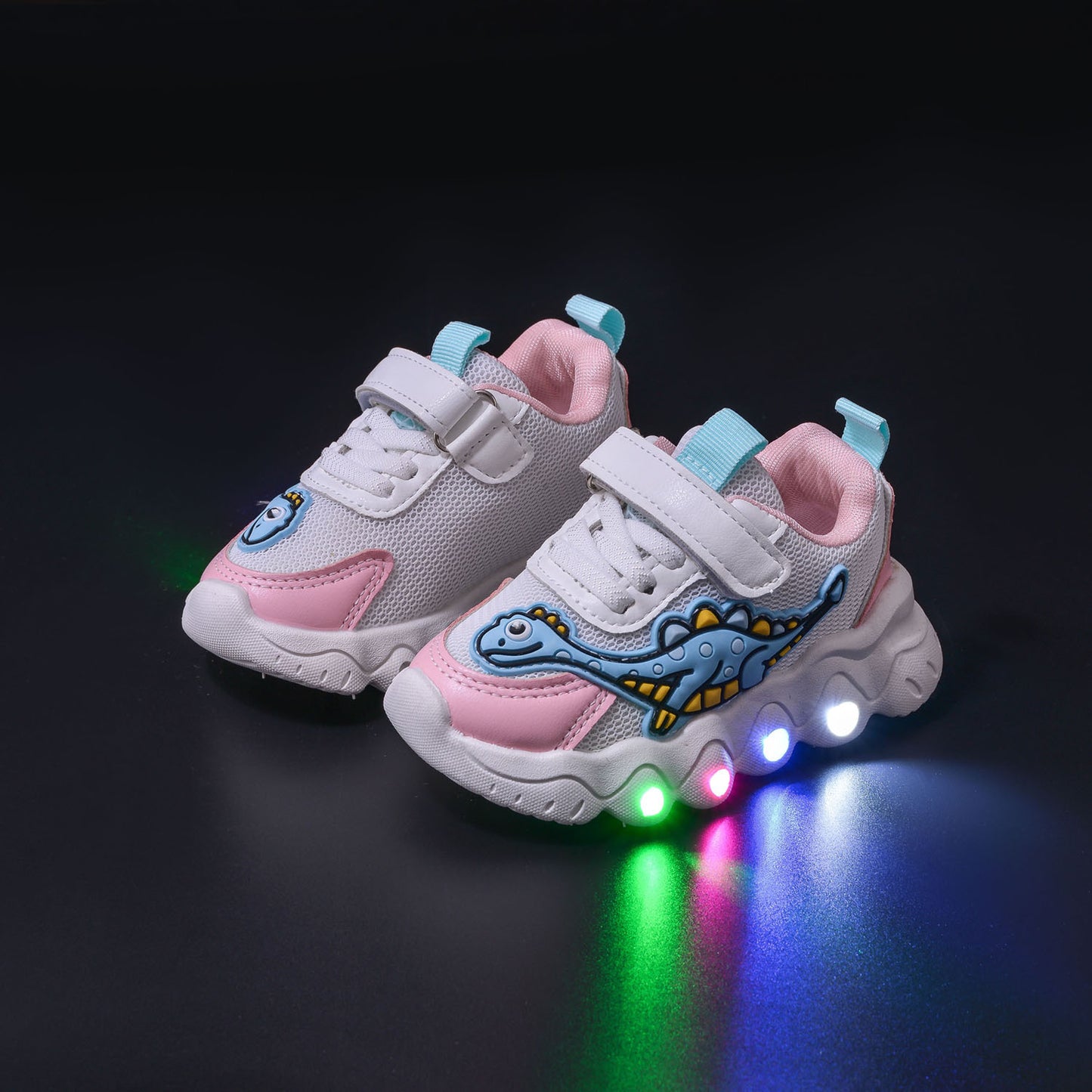 Spring New Style Dinosaur Led Light Sneakers for Boys and Girls Spring & Fall New Mesh Breathable Casual Light Shoes for Children and Middle-Aged Children