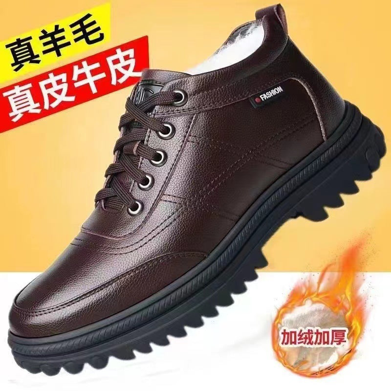 Genuine Leather leather broken size leak-picking men's cotton shoes dad shoes winter fleece-lined warm cotton leather shoes men's high-top cotton shoes