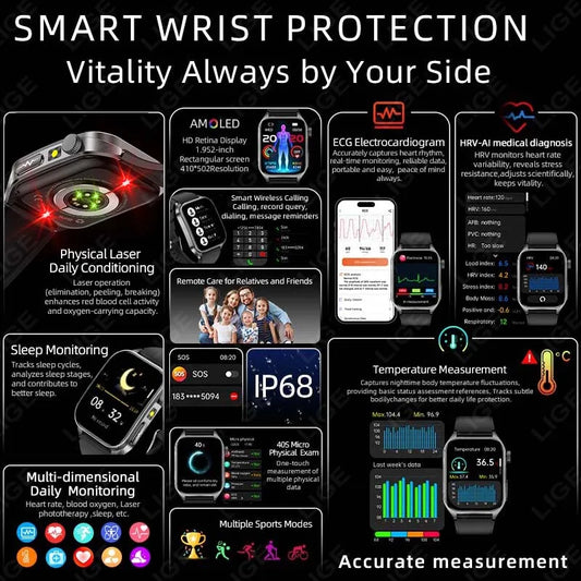 LIGE New Accurate ECG+PPG Smart Watch Laser Therapy Blood Lipid Uric Acid BP Heart Health Analysis BT Call Smartwatch Men Women