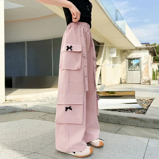 Kids Cargo Pants with Side Pocket for Tweens Girl High Fashion Hip Hop Bow Trousers Child Street Pink Black Trackpants Hot Sell