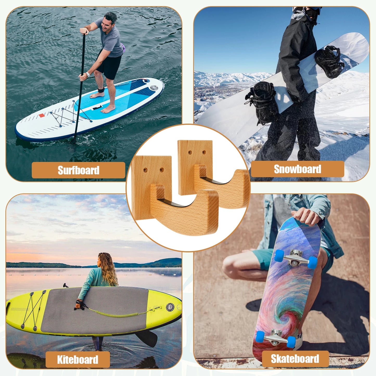Wooden Surfboard Wall Mount Rack Surfboard Hanger with Installation Accessories Multi-role Skiing Boards Skateboard Storage Rack
