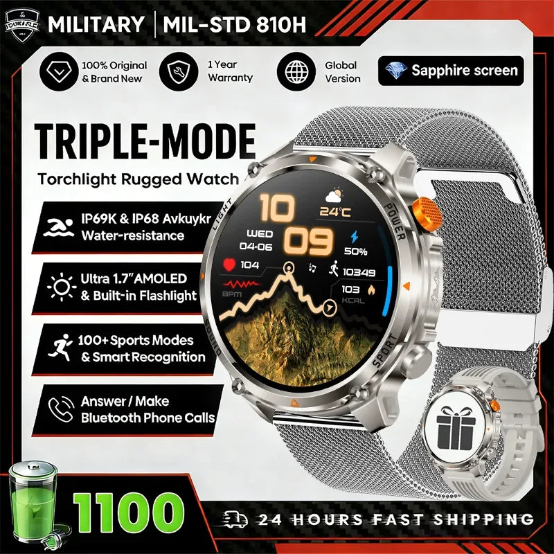 2026 Edition Military Outdoor Sports Smartwatch 1.7-inch AMOLED screen 1100 mAh battery LED flashlight Bluetooth call Waterproof