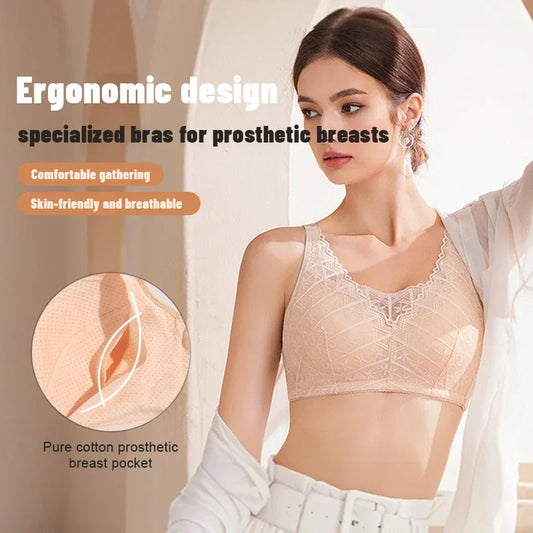 LERVANLA 2566 Strong Breathability Mastectomy Bra Women with Pocket Breast Form Pads Included Adjustable Cotton Comfort Large