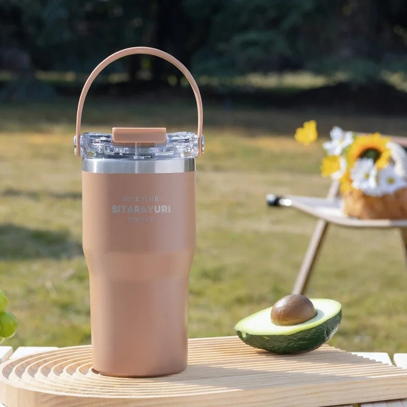 JUSTINLAU 600/900ml Insulated Cups Stainless Steel Double-drinking Thermos Cup with Handle& Straw Sports Bottle Car Ice Tumbler