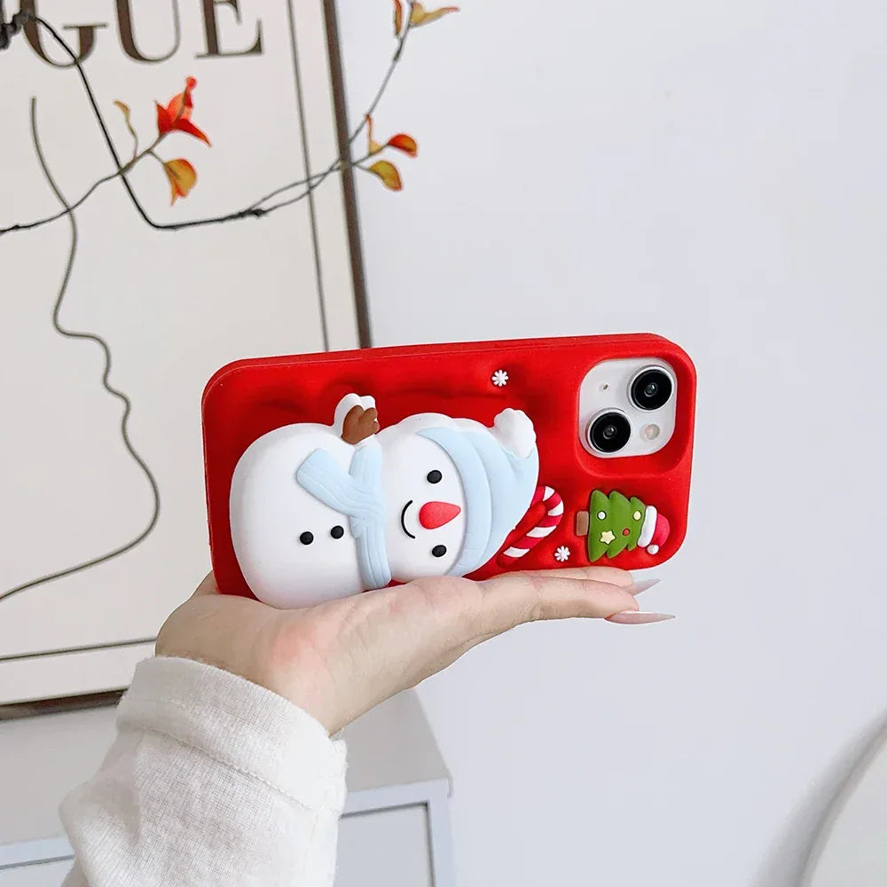 Cute 3D Cartoon Christmas Snow Man Telescopic Bracket Case For iPhone 16 15 14 13 12 Pro Max Soft Silicone Stand Holder Cover