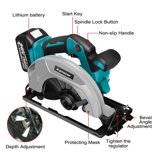 Kamolee 7 inch 21V 6.0Ah 6000mAh Electric Circular Saw for Home DIY Apply to 18V 21V Battery