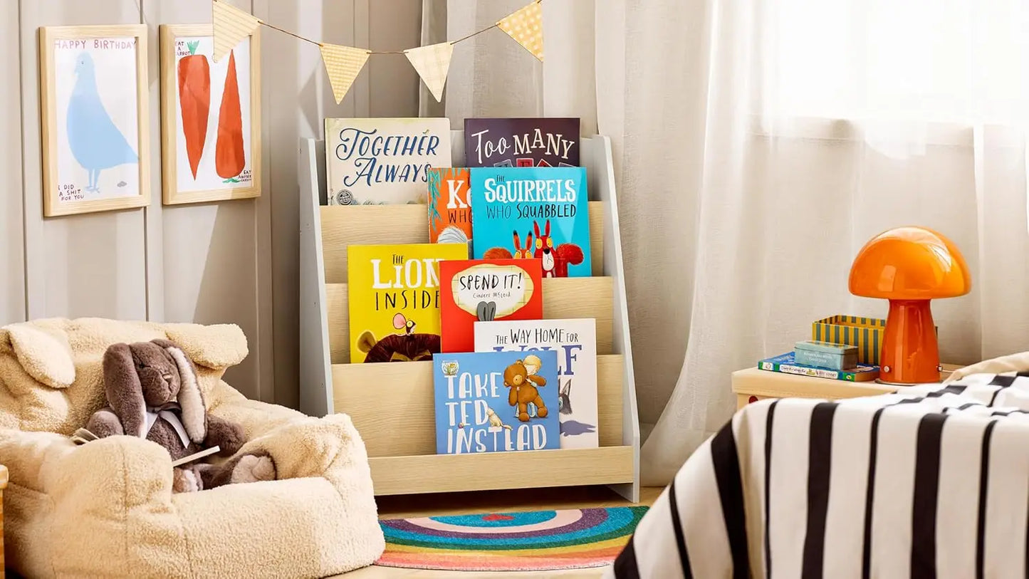 Children's bookshelf, Storage Furniture with 4 levels of open compartments, 61x30x71cm, White + wood color