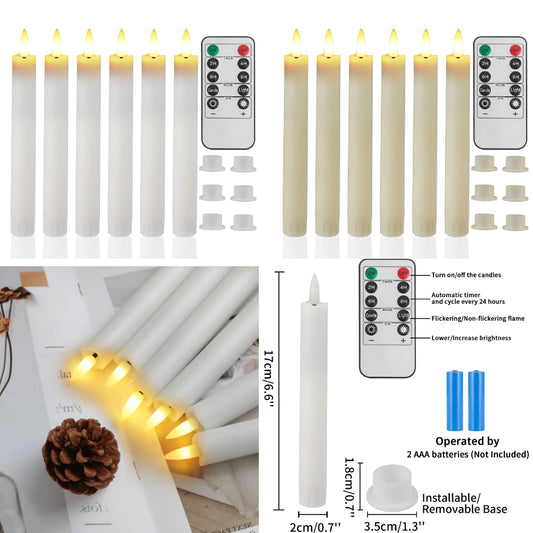 Lot de 6 ou 12 bougies coniques ivoire sans flamme à LED, effet scintillant, avec télécommande, mèche 3D, fonctionne sur piles, décoration de Noël, fenêtre ou mariage