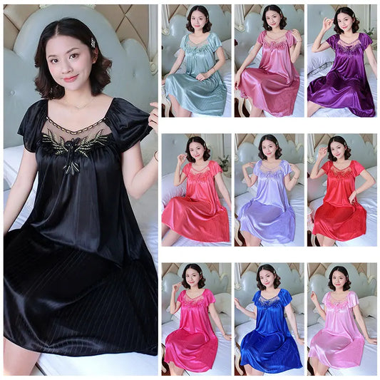 Women's Nightdress Loungewear Ladies Ice Silk Nightgowns Sleeping Dress Medium Length Short Sleeve Home Wear Pyjama Sleepwear