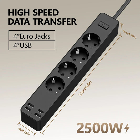 2500W EU Plug AC Outlet multi-port Power Strip 1.8m Extension Cord Electrical Socket Network Filter With USB Ports Fast Charging