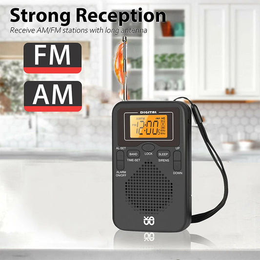 Portable Radio Mini AM FM Weather Radio Pocket Radio Player LCD Screen Digital Alarm Clock Radio Long Range Best Reception