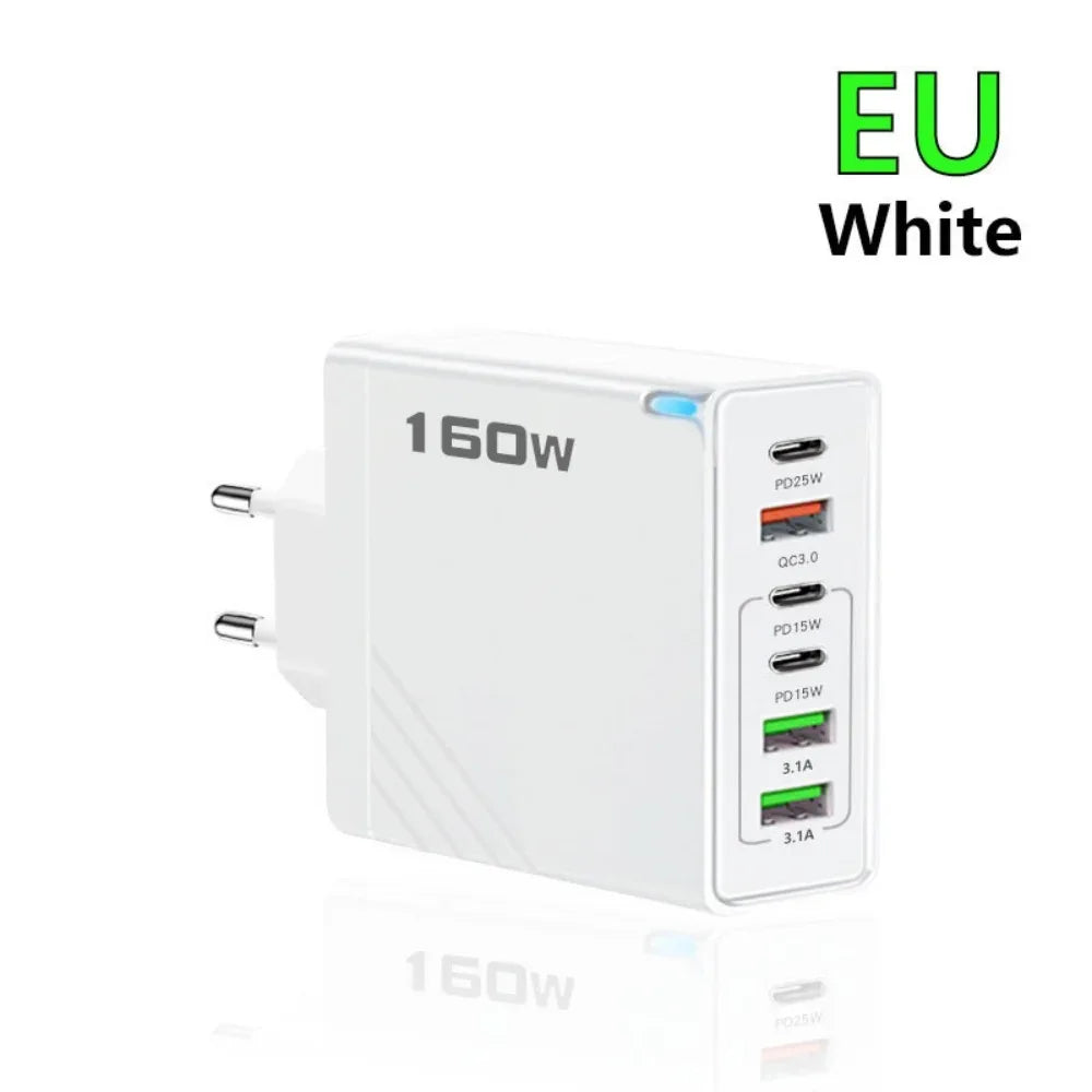 160W Fast Charge Phone Charger Adapter Multi Port USB Type C Charger For iPhone Samsung Xiaomi Huawei EU/US/UK Plug Wall Charger