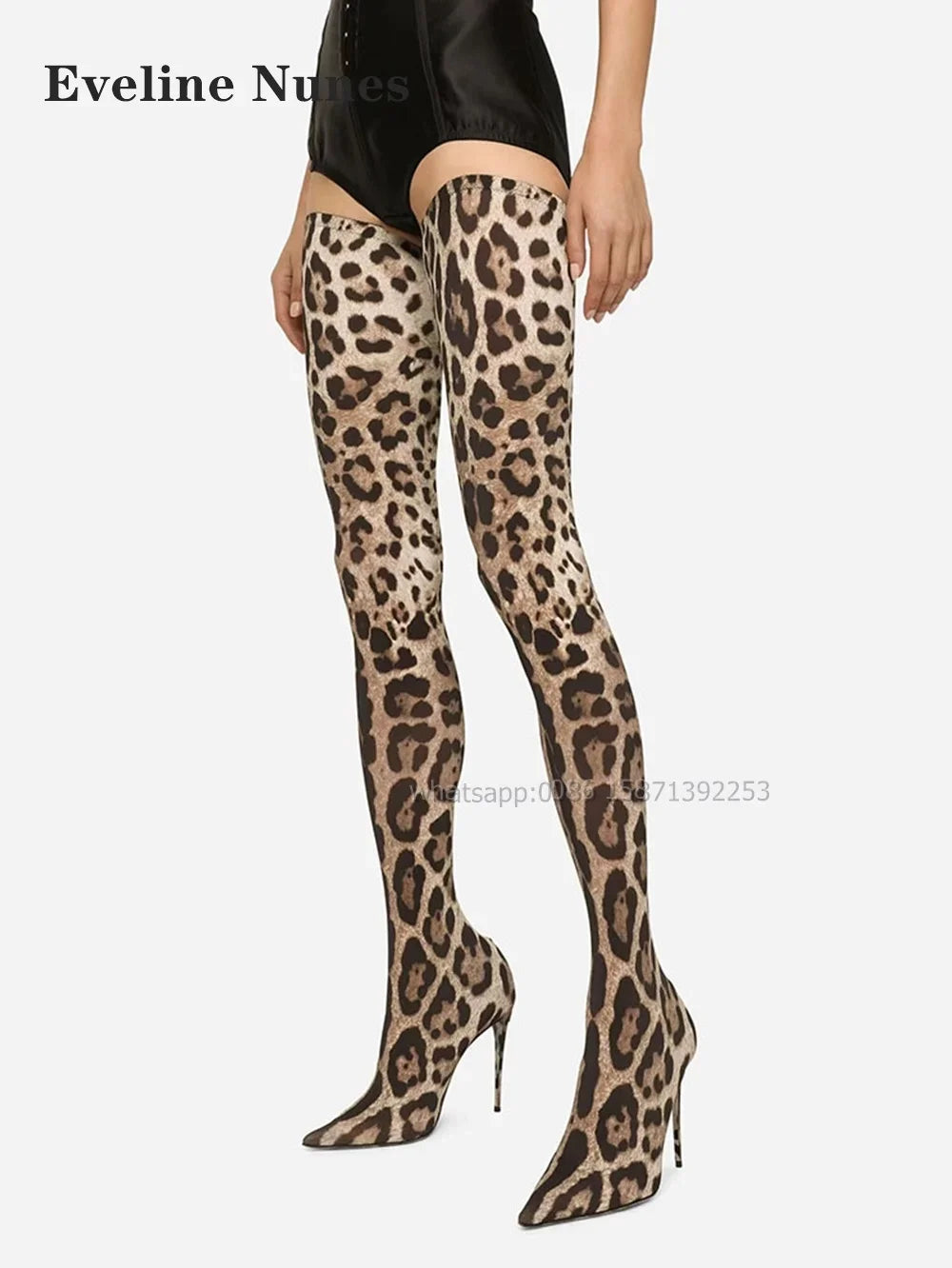 Leopard Satin Thigh High Boots Pointed Toe Thin Heels Mixed Colors Women Stretch Boots Pull On Sexy Spicy Girl Booty Runway Show
