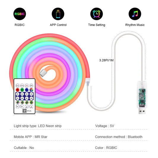 WS2812 RGBIC RGB LED Neon Light Strip,5V USB Waterproof Bluetooth Diode Neon Tape Ribbon with Remote for Room Ceiling Decoration by PDG ibma