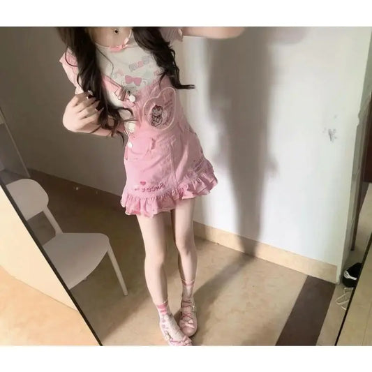 Sweet Girl Pink Overall Skirt Set Kawaii Strawberry Embroidery Ruffle Hem Cute Cartoon Print Jumper Outfit Summer Y2k Outfits
