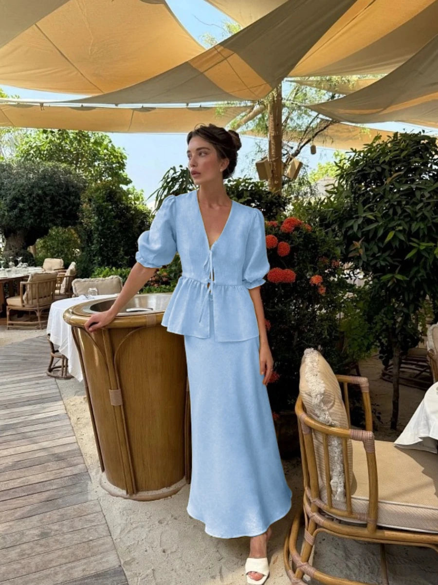 Bornladies 2025 Summer Women's 100% Cotton V-Neck Lace-Up Bubble Sleeve Shirt Long Skirt Set Loose Casual Two-Piece Suit