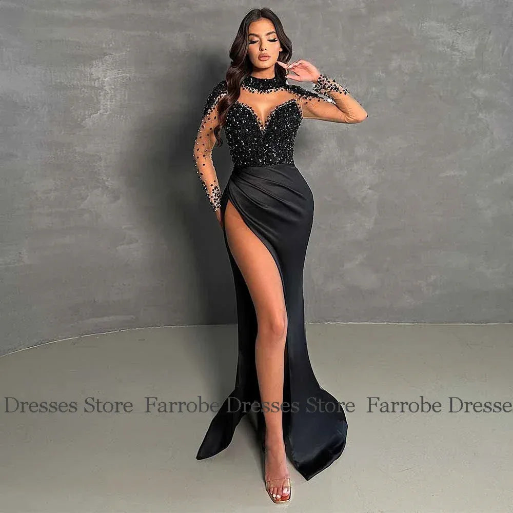 Luxurious Women's Evening Dresses Satin Mermaid/Trumpet Valentine's Day Dress Black High Collar Pearls Pleat Split Party Dress