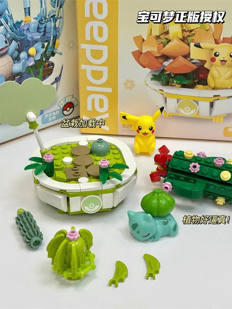Pokemon Building Block Pikachu Charmander Squirtle Model Toy Home Decoration Plant Potted Flower Brick Girl Toy Child Gift