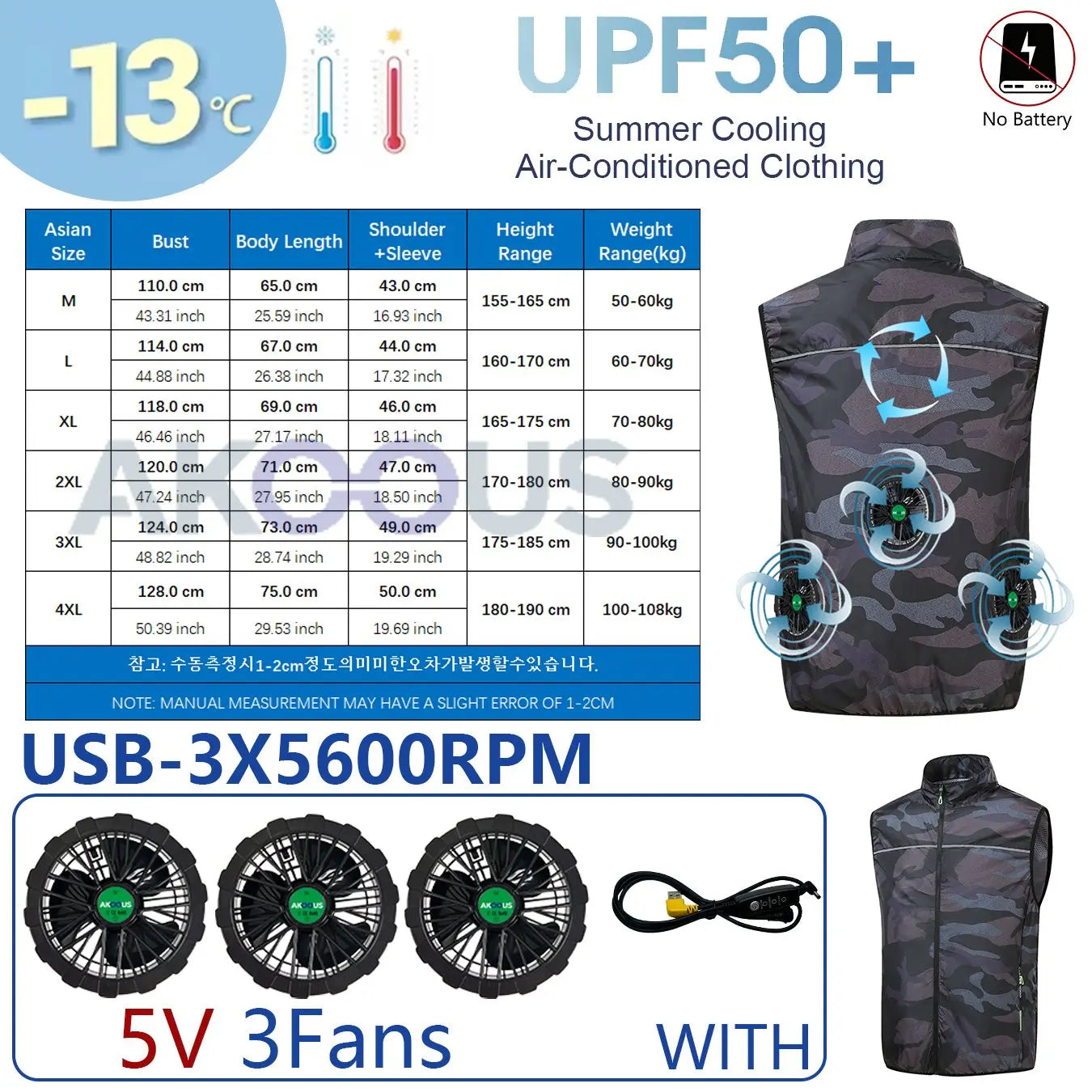 AKOOUS 12V/5V USB 4 Fans Cooling Vest Men Wearable Air Conditioned Clothes for Outdoor Work Fishing Hiking Loose Cool Vest