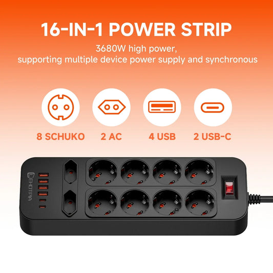 EU Plug AC Power Strip 3680W Multitap 1.8M Extension Cord Outlet Network Filter With 4 USB 2 Type-C Ports Charg Charging Adapter
