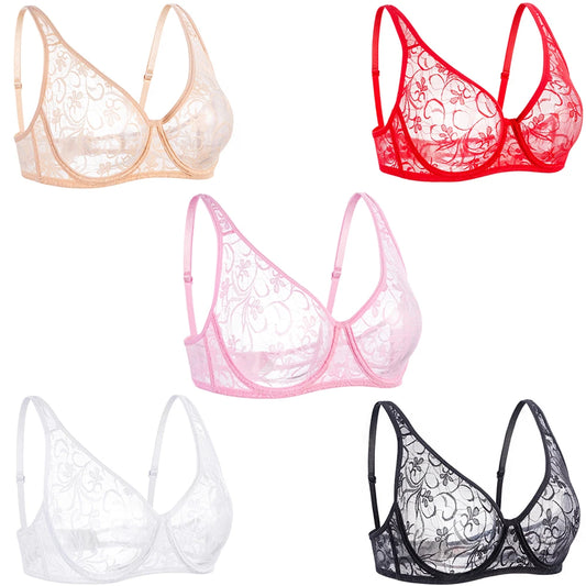 Bras For Women Plus Size Lace Mesh BH Tops Underwire Embroidery See Through Sexy Underwear Lingerie Brassiere A B C D DD Cup