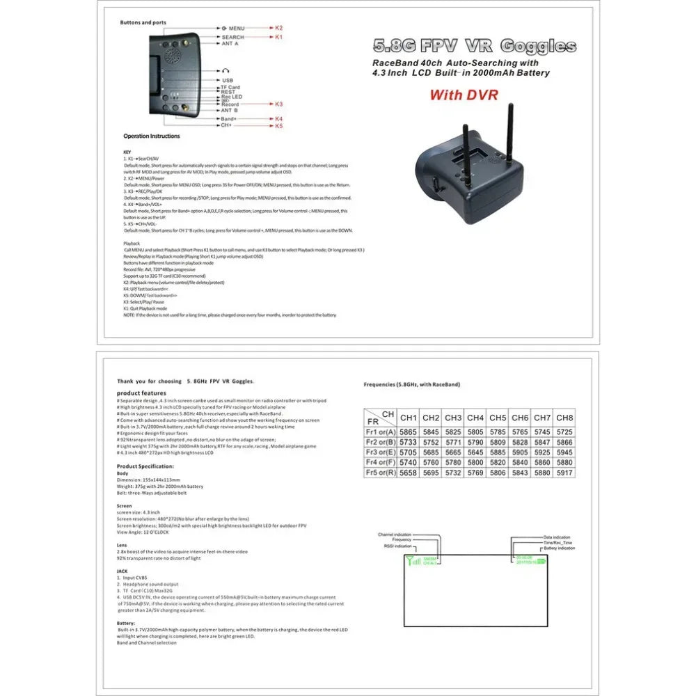 Ev800d 5.8g 40ch 5 Inch 800*480 Video Headset Dvr Diversity Fpv Goggles With Battery For Rc Model Rc Fpv Drone