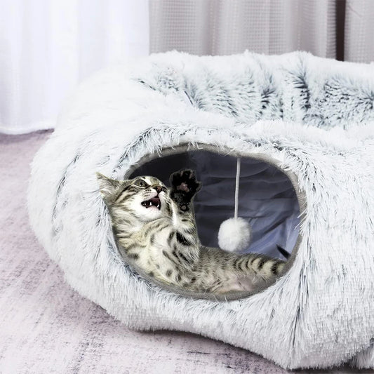 Winter New Arrival Plush Cat Tunnel Bed Foldable Two-in-One Round Warmth Pet Nest Thickened Cozy Cuddly Cat Hideaway by PDG ibma