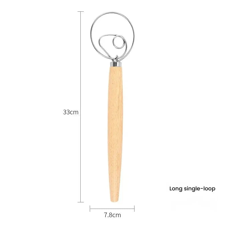304 Stainless Steel Dough Whisk with Smooth Wooden Handle Sourdough & Bread Mixing 13 Inch Danish Dough Whisk Bread Tools