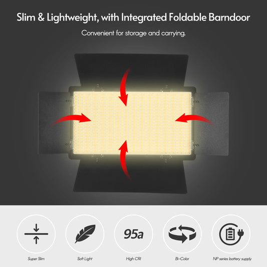 Andoer LED-600 LED 3200-5600K Video Light Photography Light Panel with Barndoor 1/4 Inch Screw Ball Head for Photography Studio