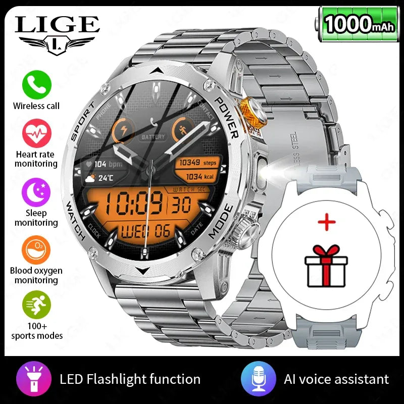 LIGE AMOLED Smart Watch Men with Flashlight Sports IP68 Waterproof Fitness Tracker Bluetooth Call Smartwatch Man for Android iOS