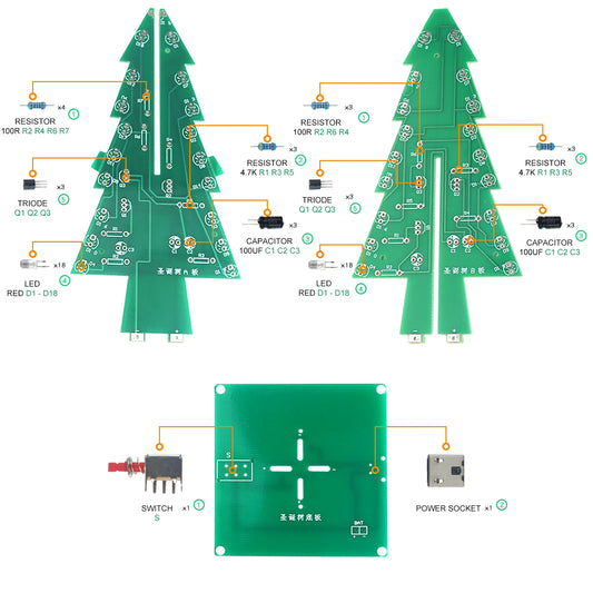 Three-Dimensional 3D Christmas Tree LED DIY Kit Red/Green/Yellow LED Flash Circuit Kit Electronic Fun Suite by PDG ibma