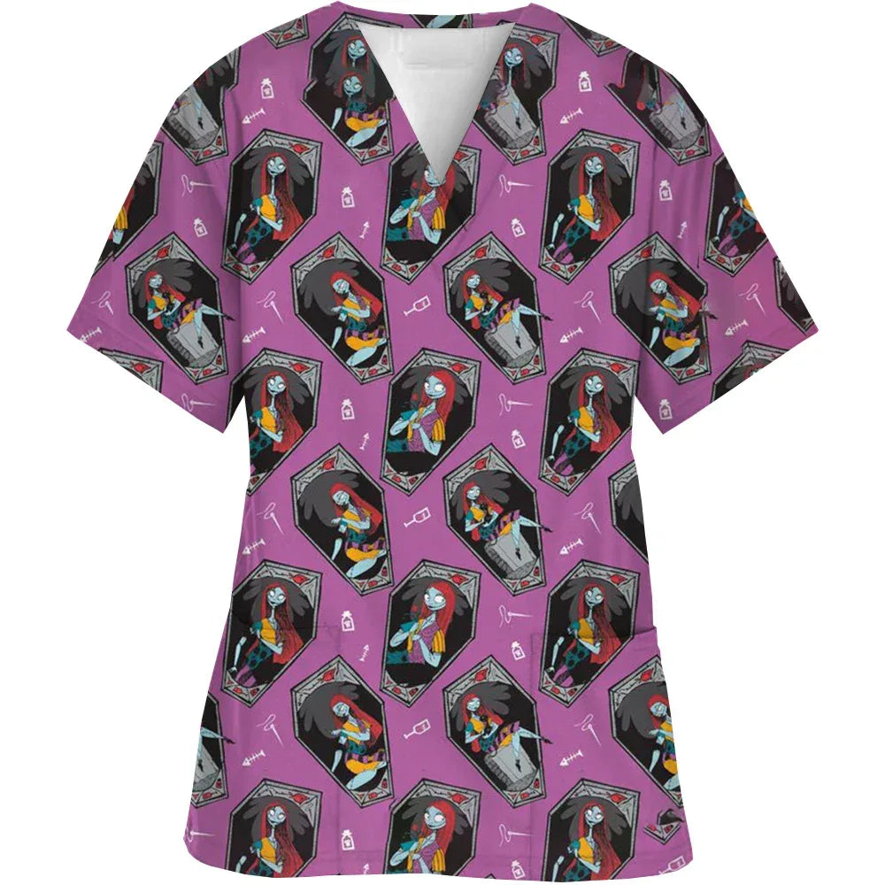 Christmas Nightmare V-neck Work Clothes Halloween Surgery plus size Nurse Medical Clothes Matte Top Women