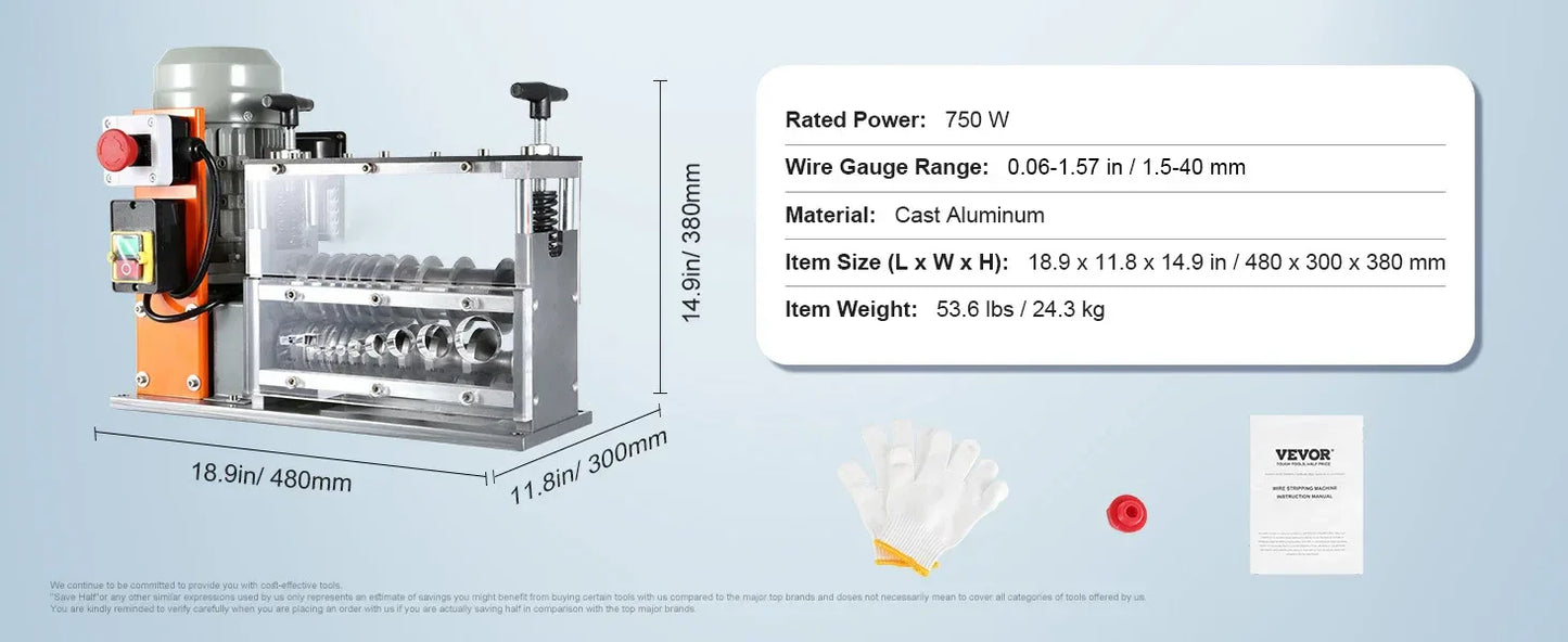 SucceBuy Electric Wire Stripping Machine Cable Stripper Peeler 750W 1.5-32mm 10 Channels Acrylic+Aluminum Scrap Copper Recycling