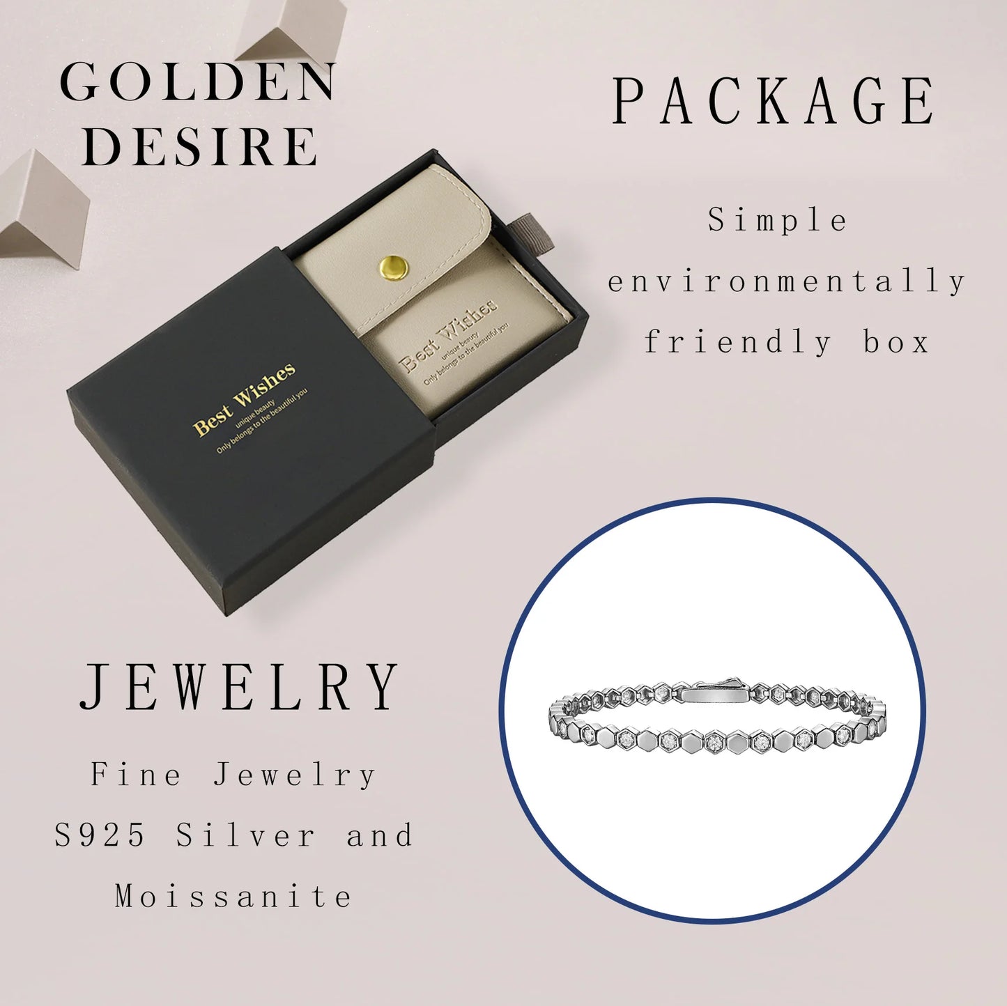 925 Sterling Silver 14K Gold Plated Moissanite Hexagon Tennis Bracelet for Women Color Sparkling Geometric Jewelry Gift