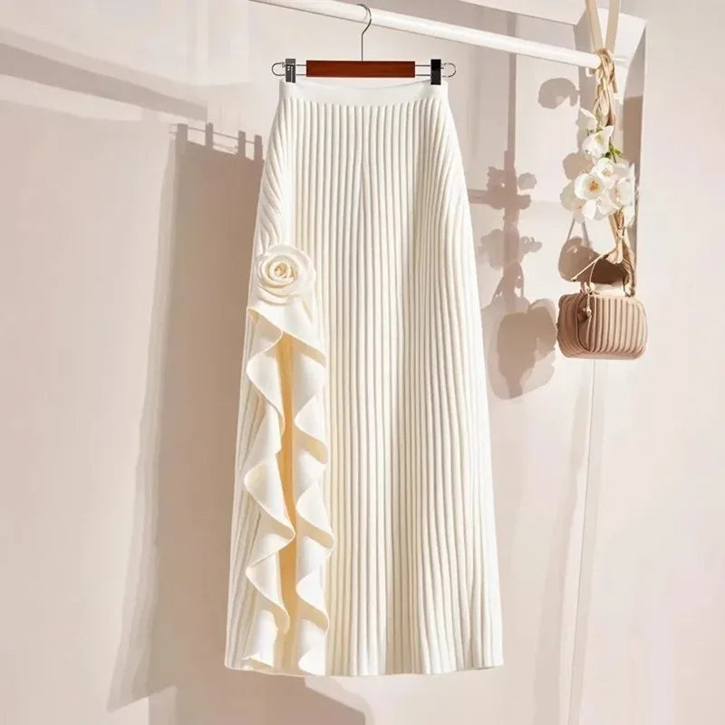 Spring Autumn Winter Elegant Irregular Pleated Skirt for Women Elastic A-line High Waist Midi Skirt White Black Flower Skirts