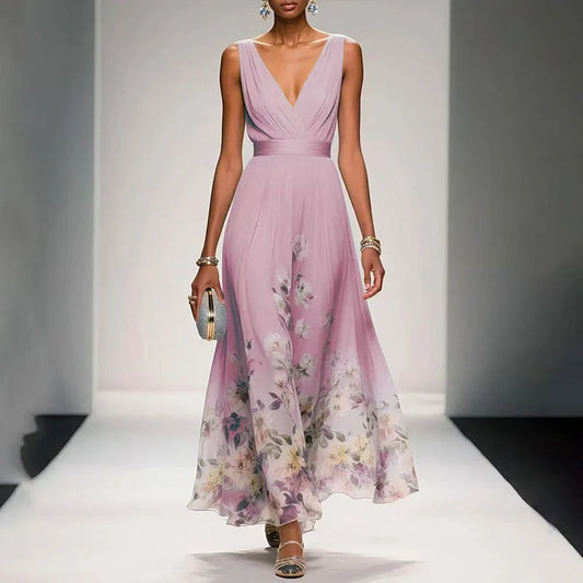 New Fashion Party Dresses Deep V Neck Floral Printing Ruffle Sleeveless A Line Beach Dress High Waisted Summer Sexy Womens Dress