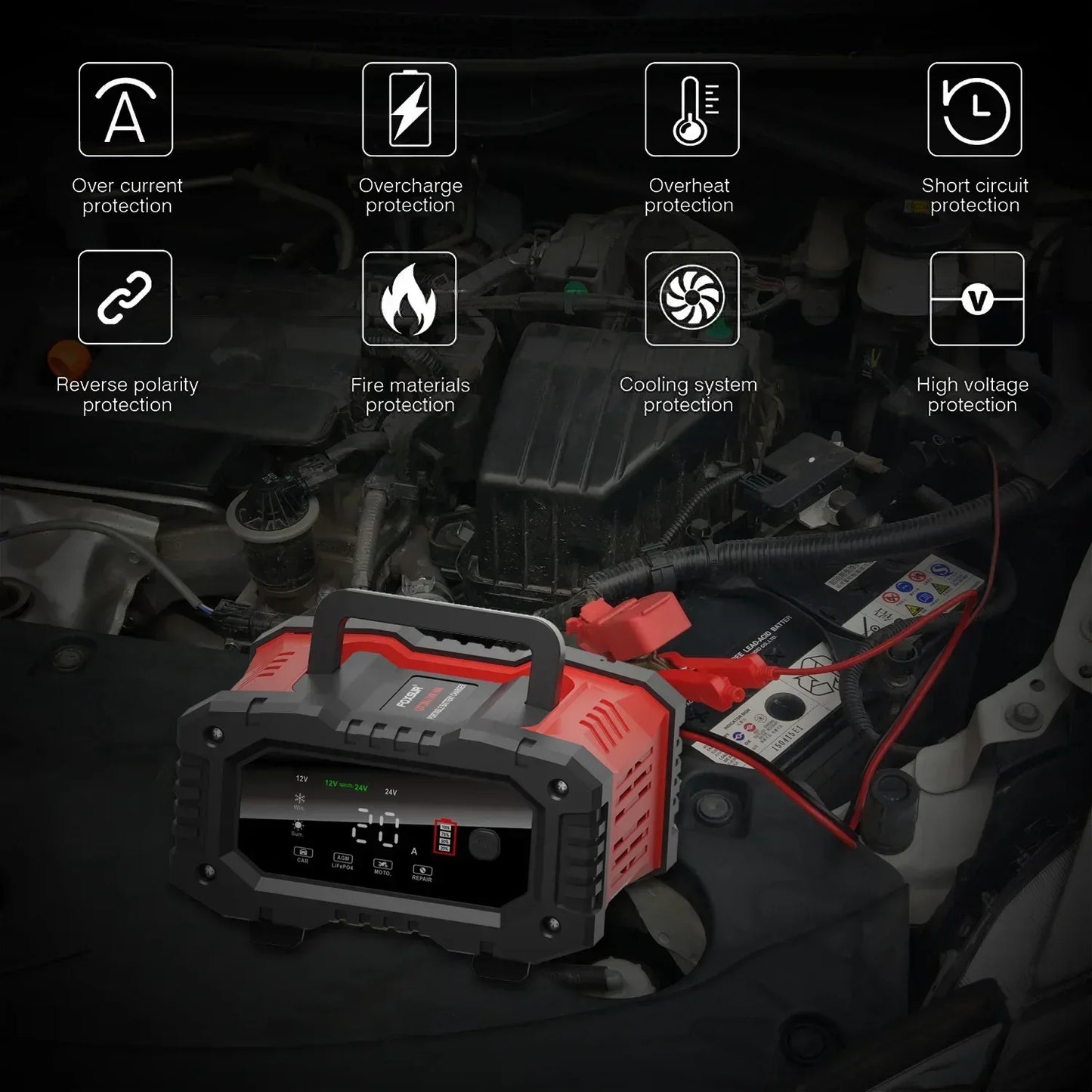Portable 20A/10A Car Battery Charger 12V 24V Automatic Motorcycle Truck AGM LiFePO4 Lead Acid Start Stop Battery with Repair