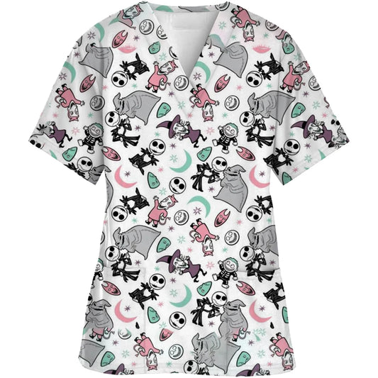 Vêtements de travail à col en V, motif cauchemar de Noël, pour Halloween, chirurgie, grande taille, infirmière, vêtements médicaux, haut mat pour femmes