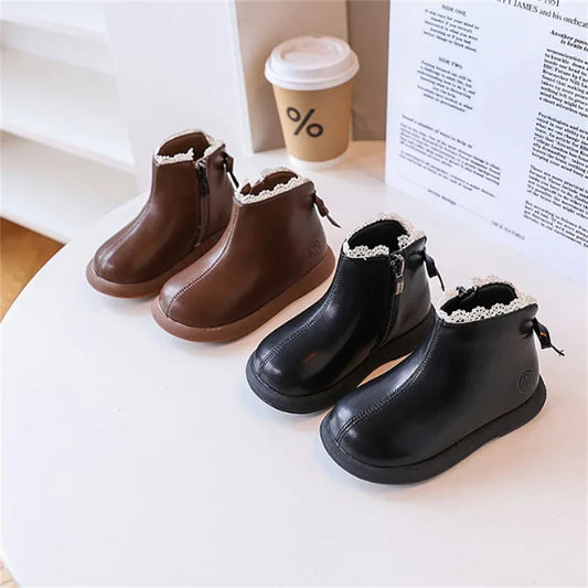 2024 New Autumn Children Boots Leather Girls Ankle Boots Lace Butterfly-knot Rubber Sole Fashion Toddler Kids Boots EU 21-30