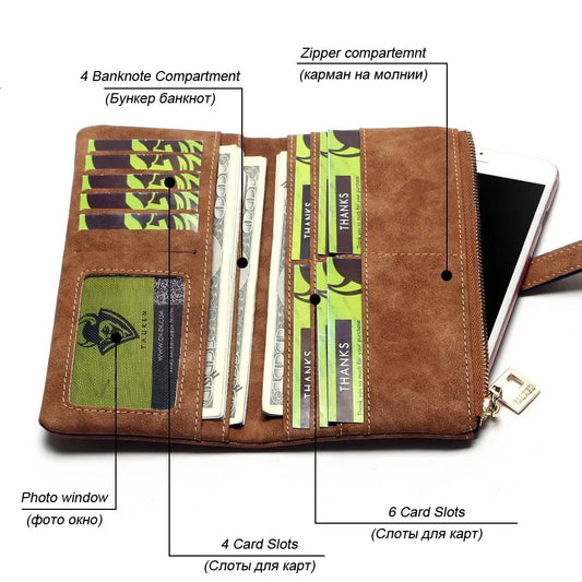 2023 New Fashion Women Wallets Drawstring Nubuck Leather Zipper Long Design Purse Two Fold More Color Clutch Hot Card Pack