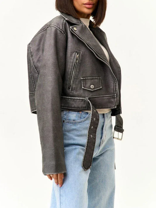 Ailegogo Women Vintage Loose Short Pu Faux Leather Jacket Spring Autumn Female Zipper Belt Coat Moto Biker Outwear