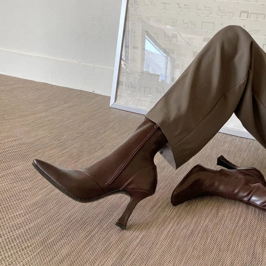 Women High Heel Short Leather Boots New Boots Female Pointed Thin Heel Boots Ladies Ankle Short Boots Botas De Mujer 2024