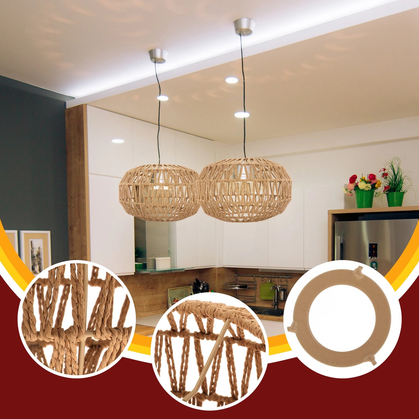 Woven Pendant Lamp Shade Hanging Light Cover for Home Restaurant Living Room Boho Handwoven Lampshade Light Fixture Bedroom