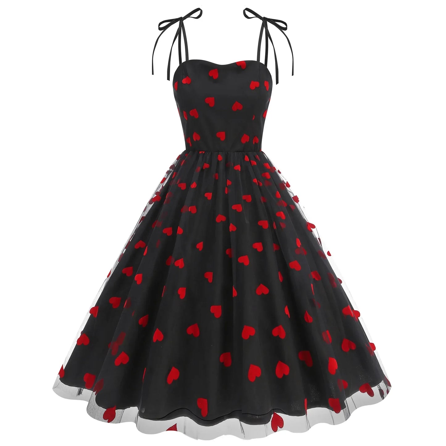 Knot Strap Strawberry Patchwork Vintage Dress 2025 Heart Flocking Valentine's Day Dress Women Birthday Party Pleated Mesh Dress